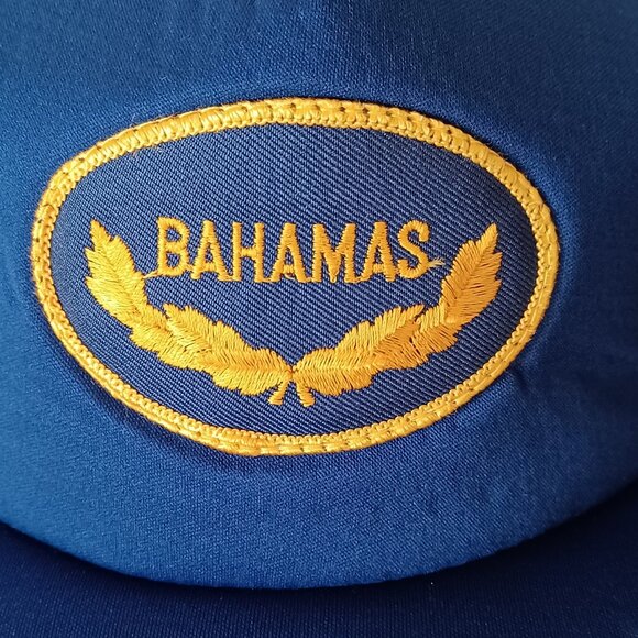 Vintage 1980s Made in Taiwan Bahamas Embroidered Blue Trucker Hat Snapback Cap - Picture 8 of 12